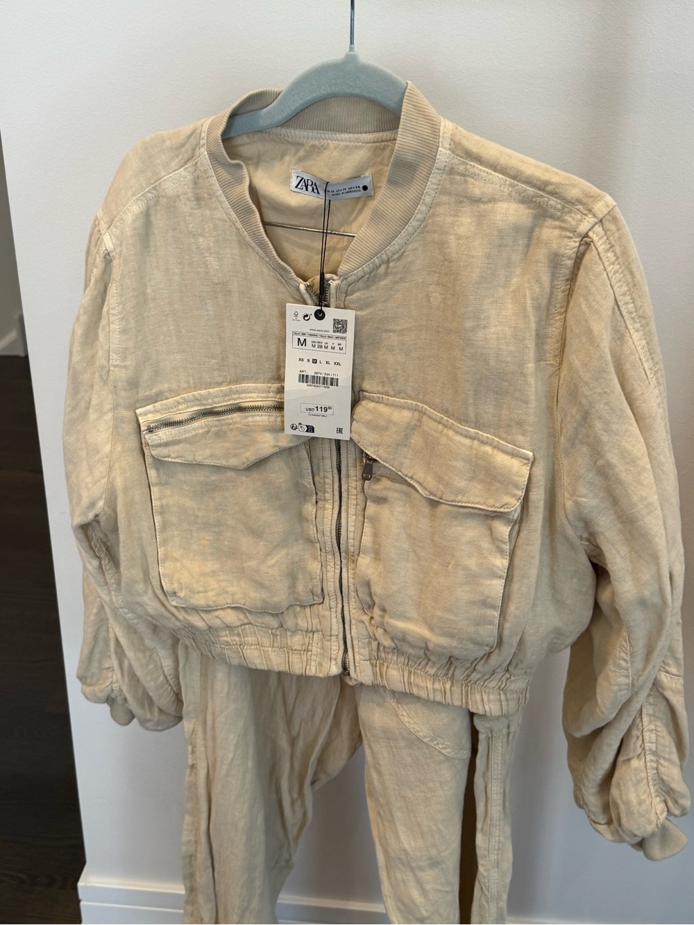 ZARA Neutral Beige Cropped Utility Bomber Jacket + Pant Set - Picture 2 of 7